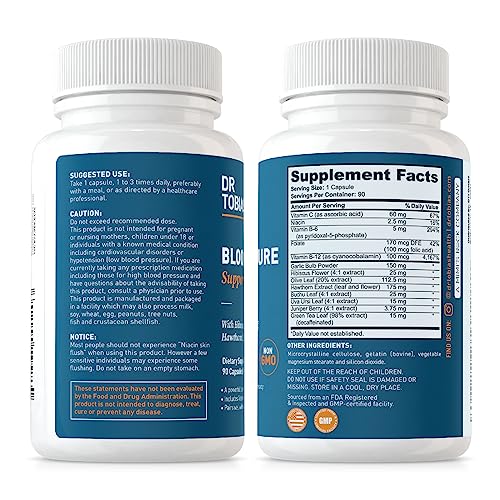 Dr. Tobias Blood Pressure Support Supplement With Hawthorn, Hibiscus Flower, Olive Leaf & Garlic, Supports Normal Circulatory Health With Vitamins C, B6, B12, Niacin, Folate & Herbs, 90 Capsules #TOP6