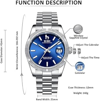 BUREI heren quartz horloge moderne analoge wijzerplaat met datumvenster Saffierkristallen lens Roestvrij stalen kast en band (zilverkleurig
