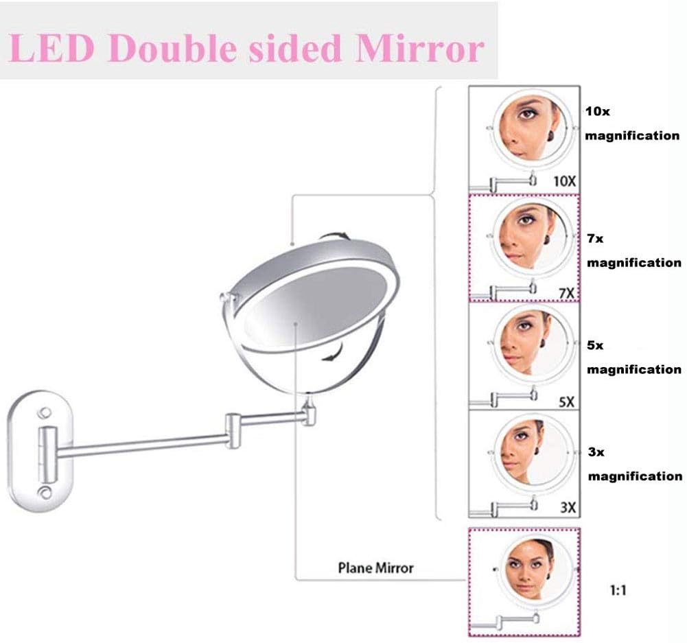 ライト付きバニティミラー、調整可能および拡張可能なバスルームシェービングミラー、スイベルマウント可能なメイクアップミラー(3x)