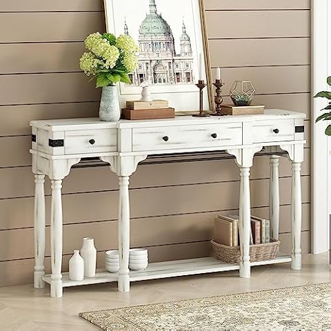 COALA HOLA Entryway Console Table with Drawers, Modern Sofa Side Table with 3 Tier Storage Shelves for Living Room, Home Hallway (White) Cover