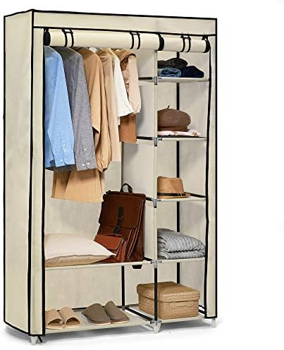 Hododou Portable Wardrobe Double Canvas Wardrobe Cupboard Clothes Storage Organizer with Hanging Rail Foldable Closet for Clothes, Bags, Toys, Shoes, Living Room, Bedroom 175 x 110 x 45CM Beige