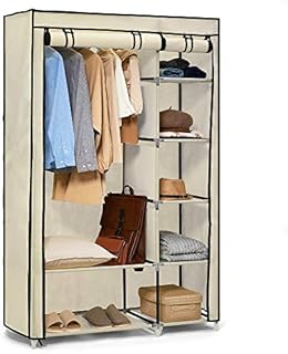 Hododou Portable Wardrobe Double Canvas Wardrobe Cupboard Clothes Storage Organizer with Hanging Rail Foldable Closet for Clothes, Bags, Toys, Shoes, Living Room, Bedroom 175 x 110 x 45CM Beige
