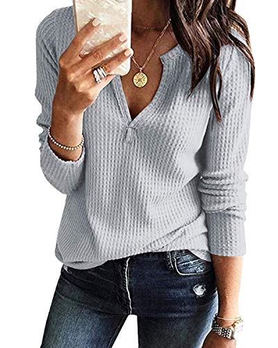 Twotwowin Womens V Neck T Shirts Waffle Knit Casual Long Sleeve Cotton Tops Blouse (Grey, L)