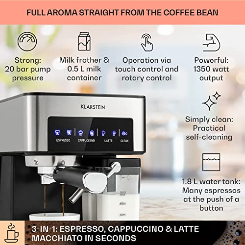 KLARSTEIN Espresso Coffee Machine, 1.8L 20-Bar 1350W Maker with Milk Frother & Touch Display, Stainless Steel Coffee Maker for Ground & Iced Coffee - Image 2