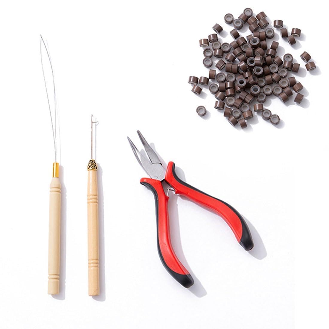 Hair Extensions Tools Kit with 200pcs Silicone Nano Beads Links,Professional Tools Hair Extension Pliers and Loop Threader for Extending Hair Wearing Feather Accessories Barber or Diy (Brown2)
