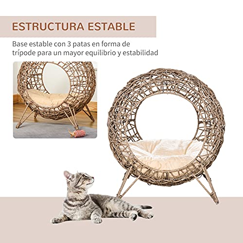 Pawhut-Cama-Cueva-para-Gatos-de-Ratan-Cesta-para-Mascotas-Pequenas-con-Base-Tripode-Cojin-Suave-2-Entradas-Diseno-Elevado-O50x56-cm-Cueva-Marron-y-Cojin-Beige Cama Cueva para Gatos de Ratán, abierta y ventilada