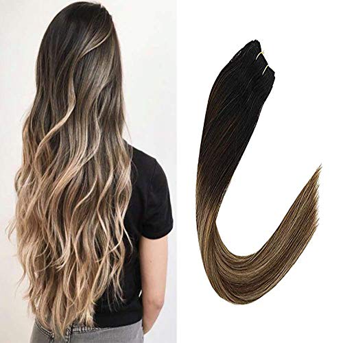 VeSunny 20" Ombre Human Hair Extensions Bundles Balayage Color #1B Fading to #4 Mix #18 Ash Blonde Double Weft Bundles Hair Extensions Straight Human Hair 100G/Bundle