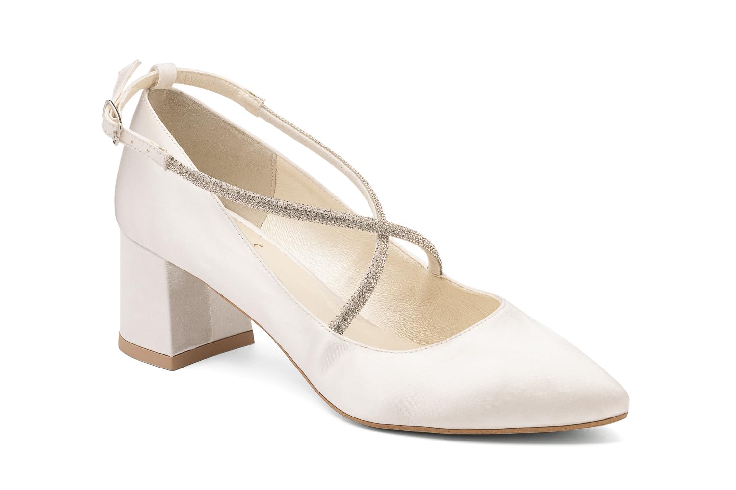 Butdam Brautschuhe Damen Hochzeit mit Rhinestone Blockabsatz JAGODA Satin Ivory/Creme 35-41