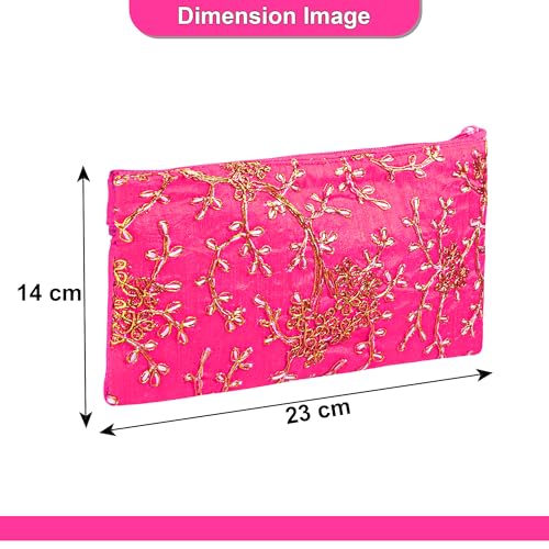 Image of Kuber Industries 2 Pcs Polyester Hand Purse for Woman with Zip | Lightweight & Compact Ladies Purse /Wallet for Travelling, Party, Wedding & Events | Embroidery Design - Pink