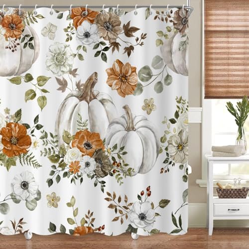 GCIREC Fall Watercolor Pumpkin Shower Curtain Autumn Thanksgiving Harvest Pumpkins with Floral Bathroom Curtain Bathtub Home Decor Waterproof Fabric Machine Washable with 12 PCS Hooks 72 Wx72 L