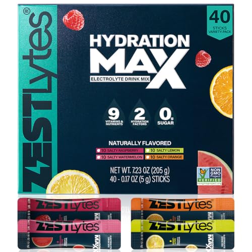 ZestLytes 40 Sticks Salty Fruit Sugar Free Electrolyte Hydration Packets High Sodium Low Calorie Electrolyte Powder Drink Mix Liquid Daily IV Flavors Salty Watermelon Raspberry Lemon Orange