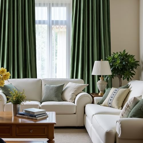 Image of PRIMROSE Emerald Olive Green Velvet Curtains 63 inch Long for Living Room,Set of 2 Panels Blackout Rod Pocket Back Tab Window Treatment Room Darkening Heavy Decorative Curtains Drapes for Bedroom