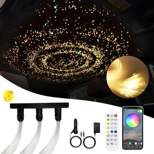 Twinkle Fiber Optic Light,Starlight Headliner Kit with APP/RF Remote Music Mode for Car Home Star Ceiling Sky Decoration,3 Hole RGBW LED Light Engine+300pcs 0.03in 6.5ft Optical Fiber Cables