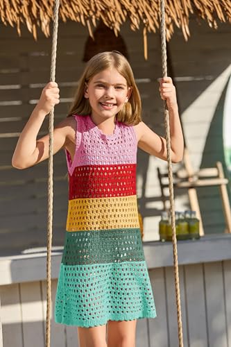 Haloumoning Girls Color Block Crochet Knit Swim Cover up Kids Summer Sleeveless Beach Dress 5-14 Years3