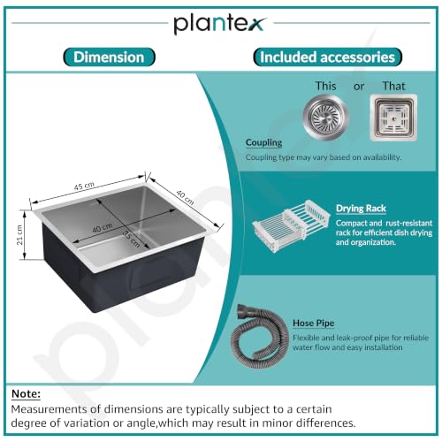 Image of Plantex Premium Stainless Steel Sink for Kitchen /Kitchen Sink with 25 Years Warranty by Plantex /Single Bowl Sink with Square Coupling, Hose Pipes and Drain Rack (Silver Matt - 16x18x9 Inches)