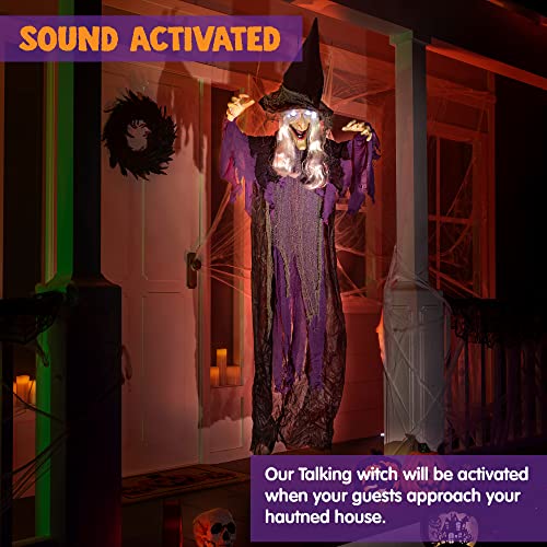 Image of JOYIN 72 inch Halloween Hanging Witch Decorations Outdoor, Flying Talking Ghost Decor Light Up Eyes Sound Activated, Outside Indoor Haunted House Prop for Lawn Yard Garden, Purple