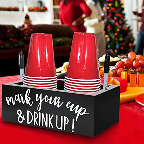 Kitticcino Double Solo Cup Holder Party Cup Dispenser Wooden Cup Organizer Mark Your Cup And Drink Up Caddy Farmhouse Bar Counter Decor Housewarming Party For Utensils Hostess Gift (Black Color Style) #TOP4
