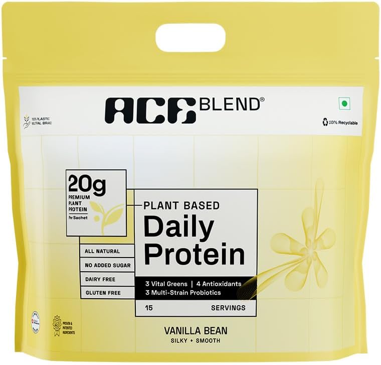 Ace Blend DAILY 20G Premium Plant Protein & Superfoods | 30 Servings | Vanilla Flavour | Daily Protein | 4 Vital Greens | 4 Antioxidants | 3 Probiotics | Blended for all ages | 100% Gut Friendly