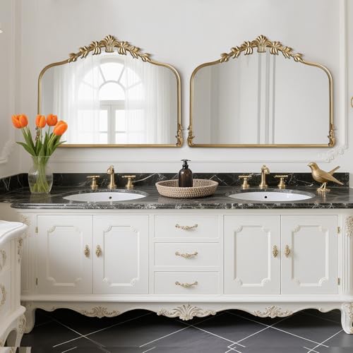 Image of WallBeyond Gold Antique Mirror for Vanity 32x24 Inch, Gold Vintage Mirror with Ornate Frame, Arched Vintage Wall for Bathroom, Living Room, Fireplace