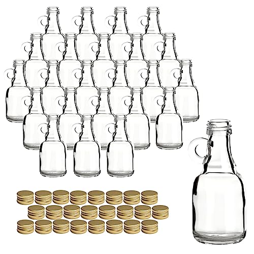 gouveo 24 unidades mini botellas de vidrio 50 ml (0,05 l) Botella con asa Cierre de rosca PP 18 con tapa dorada para rellenar y dosificar (HF050SG)