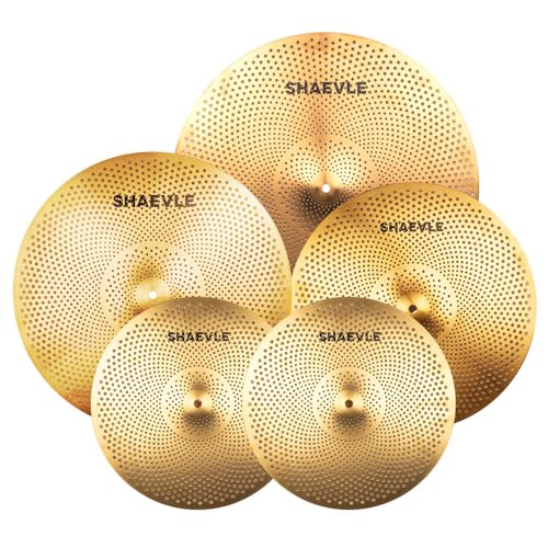 SHAEVLE Low Volume Cymbal Pack Golden Mute Cymbal 14'Hi-hat+16'Crash+18'Crash+20'Ride Quiet Drum Cymbal Pack for Practice