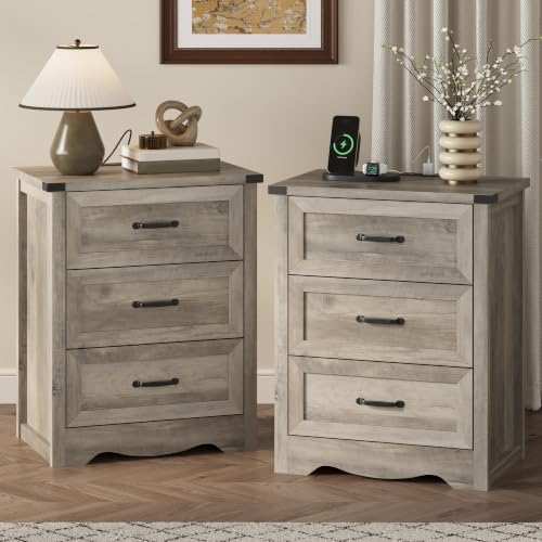Image of Xixini Nightstand Set of 2 with Charging Station, Grey 3-Drawer Side Table
