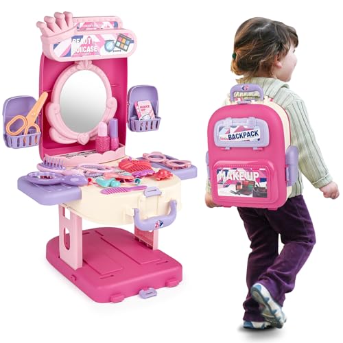 deAO Pretend Makeup Kit for Girls, 3 in 1 Kids DIY Pretend Play Vanity Table Set with Mirror, Girls Makeup Kit with Storage Backpack, Toy Makeup Set for Toddler, Little Girls Age 3+(Fake Makeup)