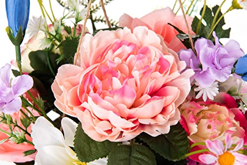 Ivydale Artificial Hanging Silk Flowers In Basket, Fully Assembled Mix Rose Peony Daisy Orchid Ivy Leaves Hanging Planter With Moss Pot Basket For Home Decoration Outdoor Indoor Garden #TOP4