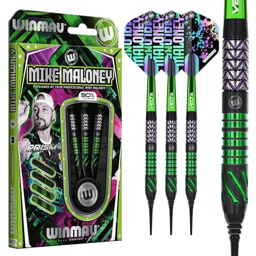 Winmau Soft Tip Darts Set 90% Tungsten - Mike Maloney Series - for Adult Players - 16 g Barrel / 18 g Full Weight - Flights and Shafts Included for Electronic Dartboards - Black/Green