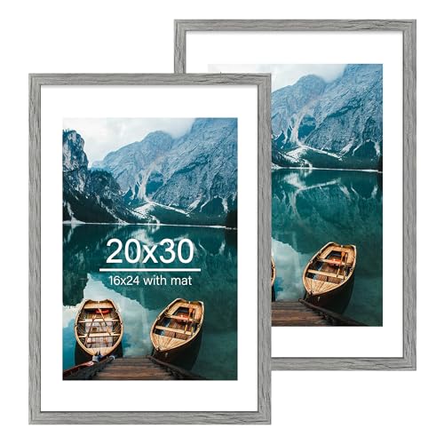 20x30 Frame Set of 2, Rustic Grey Wood Style - Display 16x24 Picture with Mat or 20 x 30 Poster without Mat, Wall Mounting Horizontal and Vertical