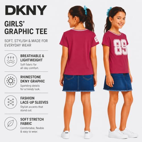 Image of DKNY Girls Tshirt Cotton Blend Short Sleeve Crewneck Graphic Fashion Tee