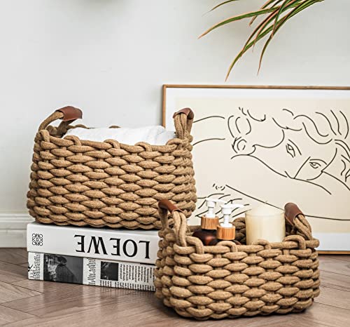 Art Pinecone 2 Pack Rectangle Nursery Basket, Cotton Rope Foldable Baskets, Hand Woven Cube Storage Bins For Jewelry, Remote, Fruits, Shelf Storage Basket, Cute Baby Storage Woven Basket(Camel) #TOP29