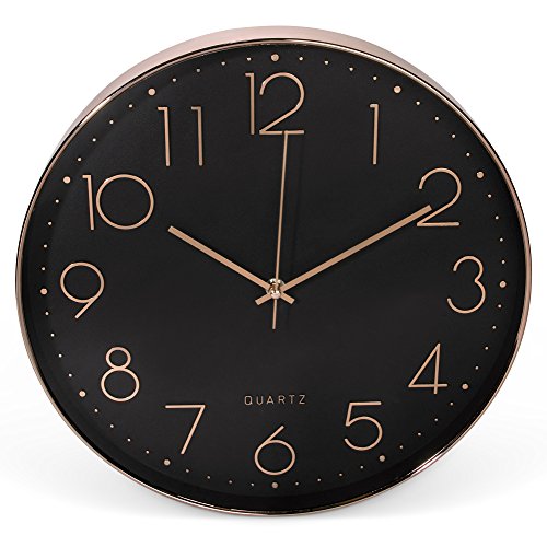 Clockz 14 inch Rose Gold and Black Decorative Wall Clock, Battery Operated Hanging Timepiece Silent Clock for Living Room, Bedroom Kitchen, Office or Study - Elegant, Industrial, Multifunctional