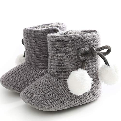 LIVEBOX Baby Premium Soft Sole Bow Anti-Slip Mid Calf Warm Winter Infant Prewalker Toddler Snow Boots (0-6 Months Infant, Ball-Gray)