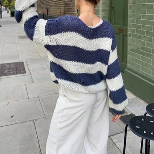 Women Y2k Oversized Striped Sweater Vintage Color Block Crew Neck Chunky Long Sleeve Pullover Harajuku Jumper3