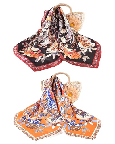 Square Ethnic Flowers Square Scarf - Simulated Silk Bandanas for Women Hair Wrap Sleeping2