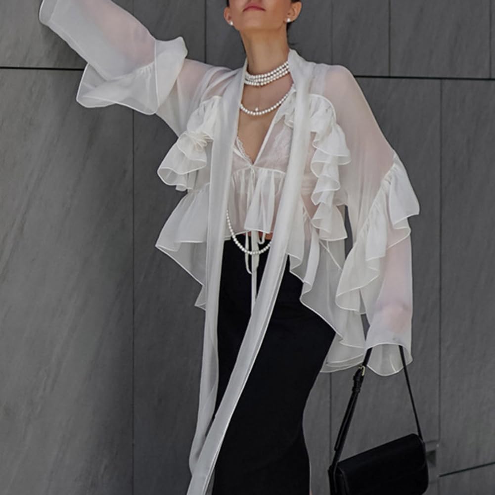 Blouse à col en V pour femmes Hauts à volants Garniture à manches longues Voir à travers Flowy Dressy Chemise de travail élégante
