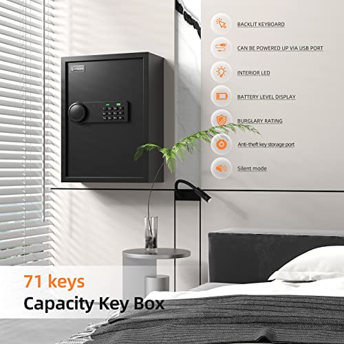 XDeer 71 Keys Key Lock Box Wall Mount with Advanced Anti-Theft Deposit Key Slot & LED Light, Key Cabinet with Combo and Key Lock, Key Safe for Hotels & Office & Companies & Car Dealerships