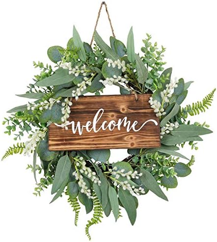 20 Inch Green Eucalyptus Wreath for Front Door- Handicraft Bamboo Frame with Versatile Silk Leaves - Ideal Spring & Summer Decorating for Indoor & Outdoor Use (White)