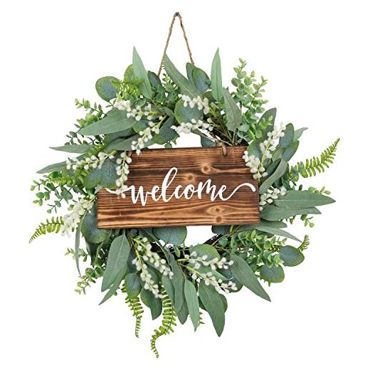 20 Inch Green Eucalyptus Wreath for Front Door- Handicraft Bamboo Frame with Versatile Silk Leaves - Ideal Spring & Summer Decorating for Indoor & Outdoor Use (White)