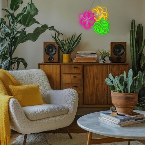 Image of Hibiscus Neon Sign Monstera Leaf Neon Light Tropical Hibiscus Flower LED Sign Hawaii Floral Led Light Plant Light Up Sign for Luau Party Decorations Pool Beach Summer Bedroom Classroom Garden for Mother's Day
