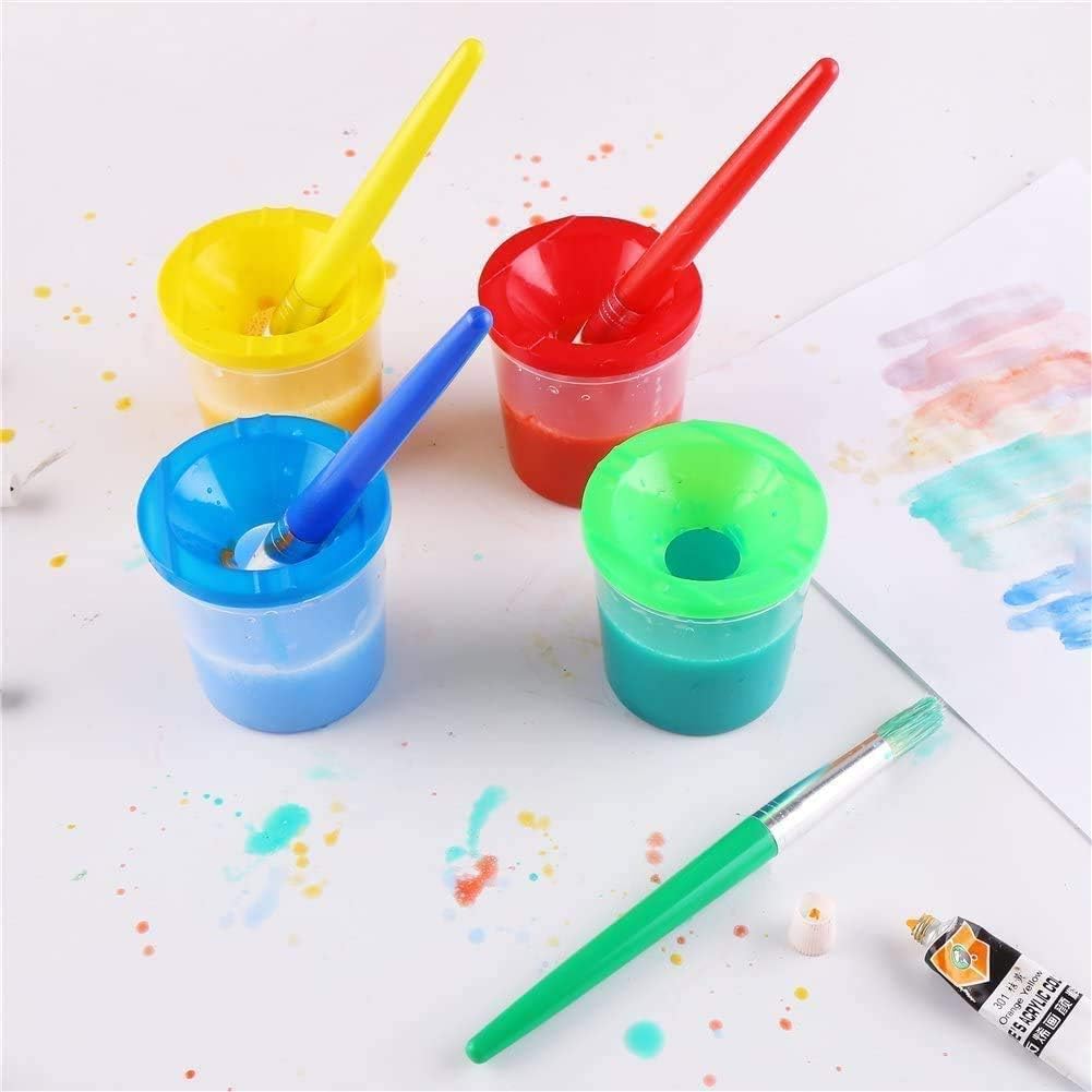 STEFORD 4 PCS Kids No Spill Paint Cups with Lids and 4 Pack Paint Brushes and a Palette Tray for Chlidren Beginners Arts Crafts Supplies