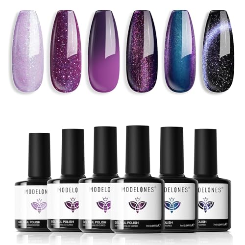 Modelones Gel Nail Polish Set, 6 Colors Purple Sparkle Chameleon Gel Polish Holographic Black Blue Glitter Nail Polish Set Changing 9D Cat Eye Nail Varnish Kit Soak Off Nail Art Manicure DIY Salon