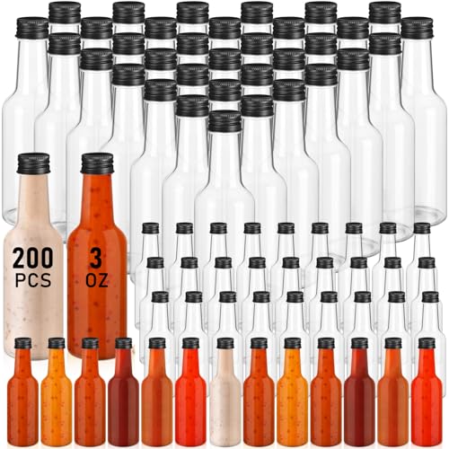 Zubebe 200 Pcs Hot Sauce Bottles Small Plastic Clear Woozy Bottles Empty with Leak Proof Black Screw Cap Mini Wine Liquor jars for Kitchen Sauce Salad Dressing Syrup Juice Whiskey (3 oz)