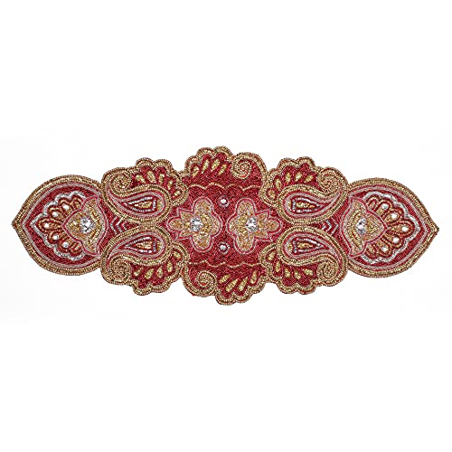 Hand Made Beaded Table Runner Mini Paisley Design Teal Silver Gold Colors,Produced by Skilled Village Artisans in India - A Beautiful Complements to Dinner (13x36, Charcoal Silver Gold)