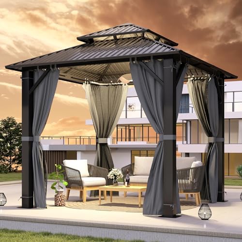 GARTOO 8.5x8.5FT Outdoor Hardtop Gazebo with Double Roof - Aluminum Heavy-Duty Steel Top Gazebo with Breathable Netting & Privacy Curtain for Patio, Porch, Garden, Lawn, Deck, Backyard