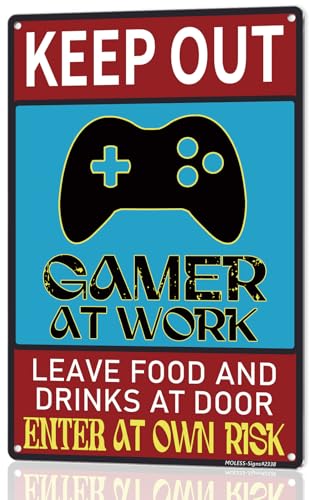 MOLESS Funny Gamer Sign – “KEEP OUT Gamer at Work” | 12×8″ Vintage Metal Sign for Game...