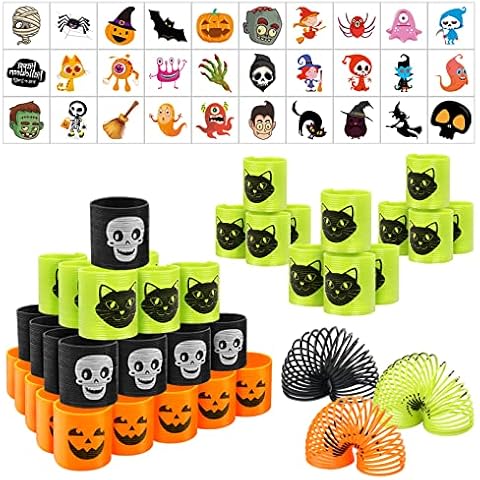 Fennoral Halloween Magic Spring, 40pcs Mini Springs Toy with Halloween Ghost Temporary Tattoos for Kids Trick or Treat Gift Horror Party Bag Fillers Game Prizes Cover