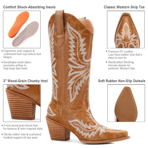 Image of Cowboy Boots for Women - Embroidered Western Cowgirl Boots with Fashion Snip Toe, 1.75-Inch Low Block Heel and All-Day Comfort Fit