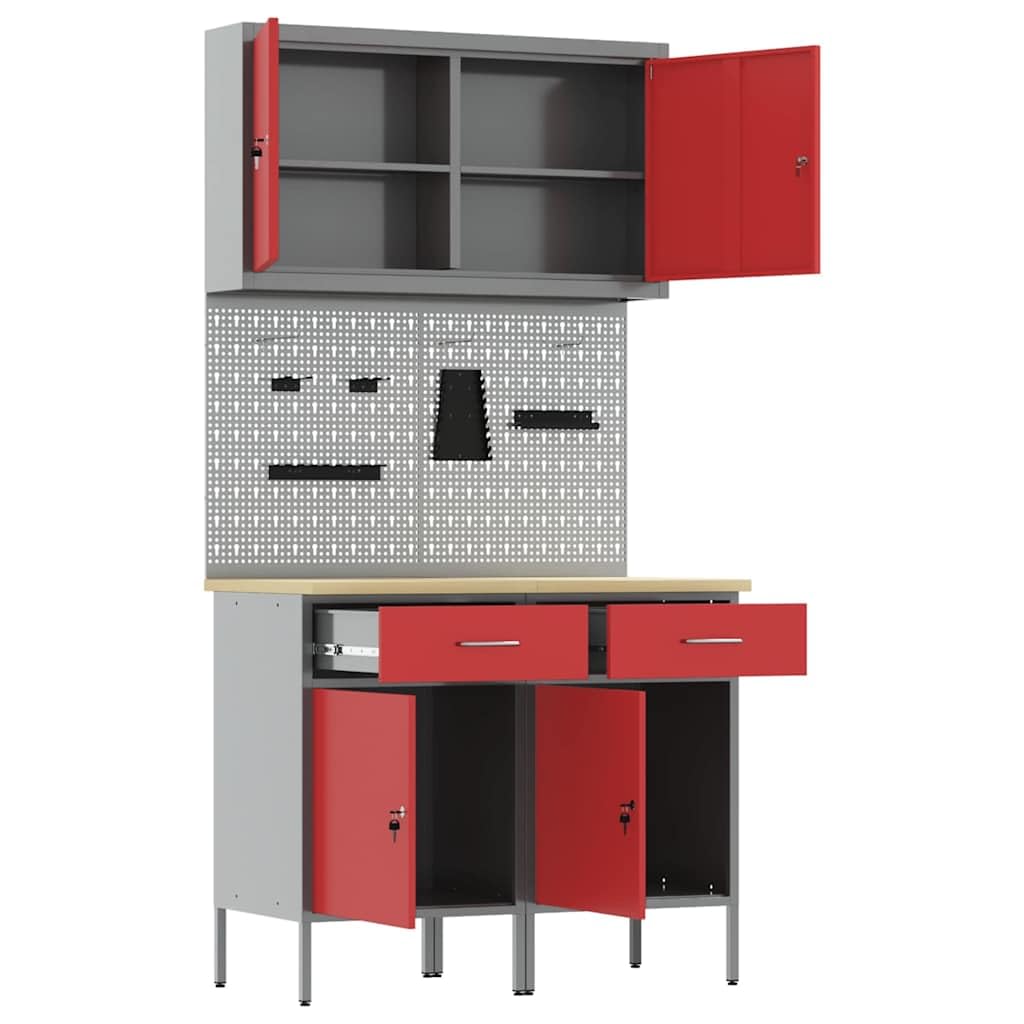 Banco da lavoro con cassetti e 2 armadi, rosso, in legno e acciaio, 100 x 55 x 200 cm, carrello da officina con parete forata e armadietto per attrezzi, salvaspazio, per garage e cantina